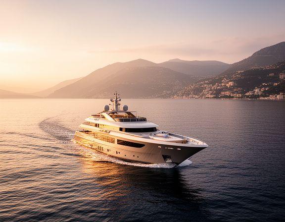 Yacht di lusso al tramonto nel Mediterraneo con costa italiana sullo sfondo